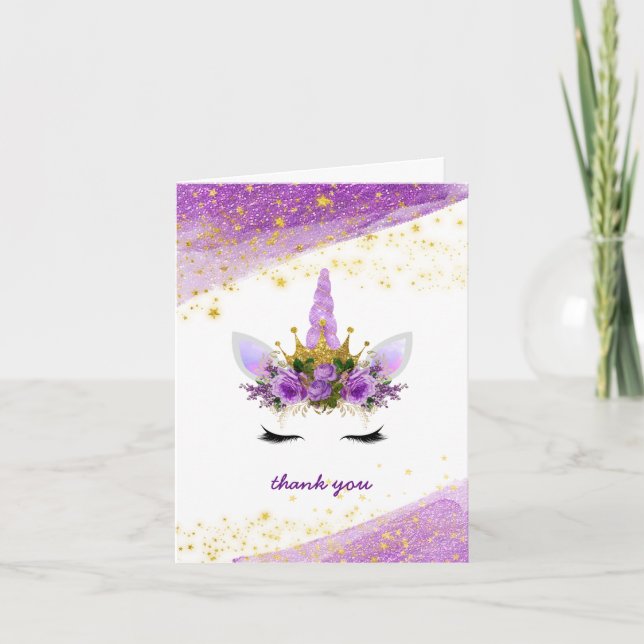 Carte Purple Gold Unicorn Baby shower Merci Note (Devant)
