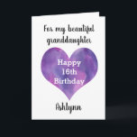 Carte Purple Heart Happy 16th Birthday Grandgirl<br><div class="desc">Un joli coeur violet aquarelle figurait sur le devant de cette joyeuse carte de petite-fille de 16e anniversaire, que vous pouvez personnaliser sous son nom. Le message de la carte intérieure dit : "J'espère qu'aujourd'hui et chaque jour est rempli de beaucoup d'amour, de rire et de plaisir. Je t'aime toujours....</div>