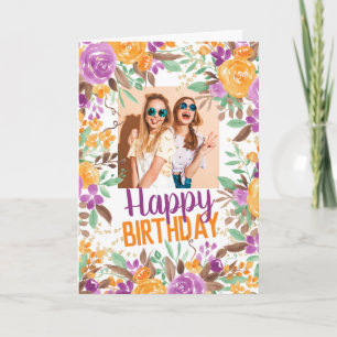 Carte Purple orange automne floral heureux d'anniversair