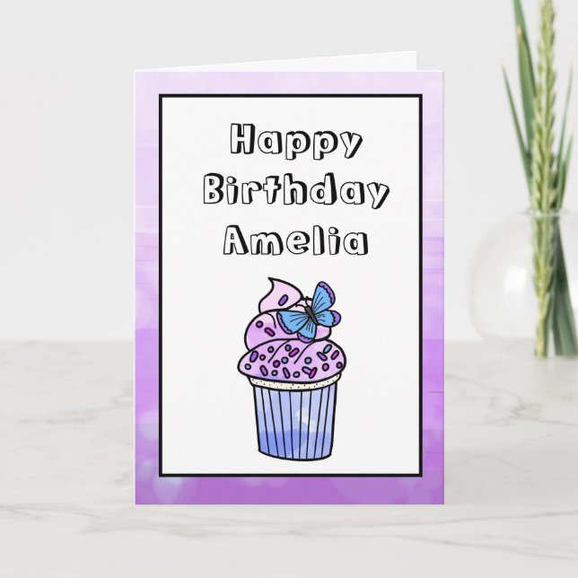 Carte Purple Whimsical Girl's Butterfly Cupcake Annivers (Devant)