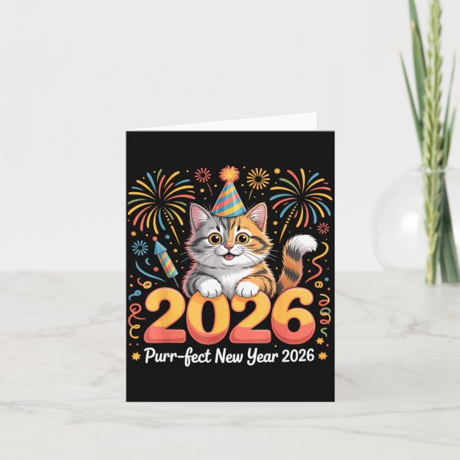 Carte Purrfect New Year 2026 Cute Cat Fireworks Celebrat (Devant)