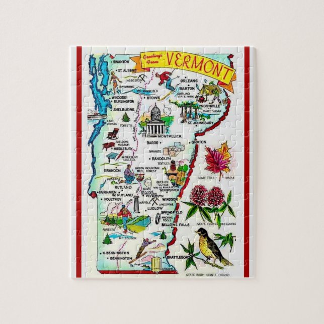 Carte Puzzle Vintage du Vermont 8x10 (Vertical)