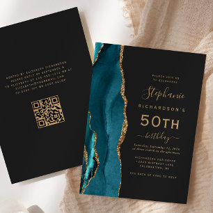 Carte QR Code Agate Bleu Sarcelle 50e Anniversaire