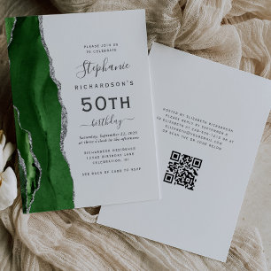 Carte QR Code Vert Agate Argent 50e Anniversaire