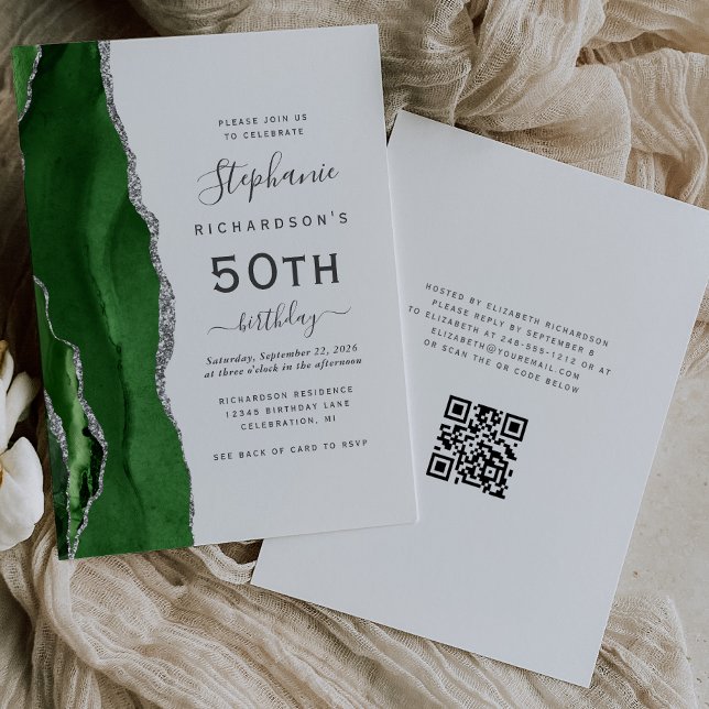 Carte QR Code Vert Agate Argent 50e Anniversaire (Créateur téléchargé)
