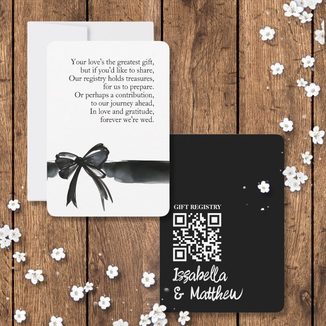 Carte QR Poem de registre des Mariages de la caver (gift registry cards with Watercolor bow black white for elegant modern simple wedding photo custom )