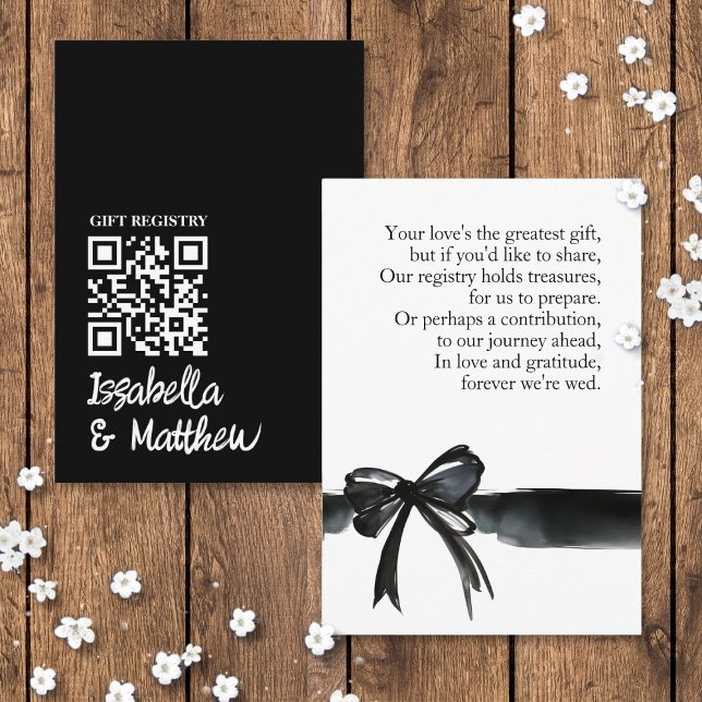 Carte QR Poem Poem Mariage de registre Black Bow m (Modern Black White Bow Wedding Registry Poem QR Card stationary saying ribbon trendy money or gift )
