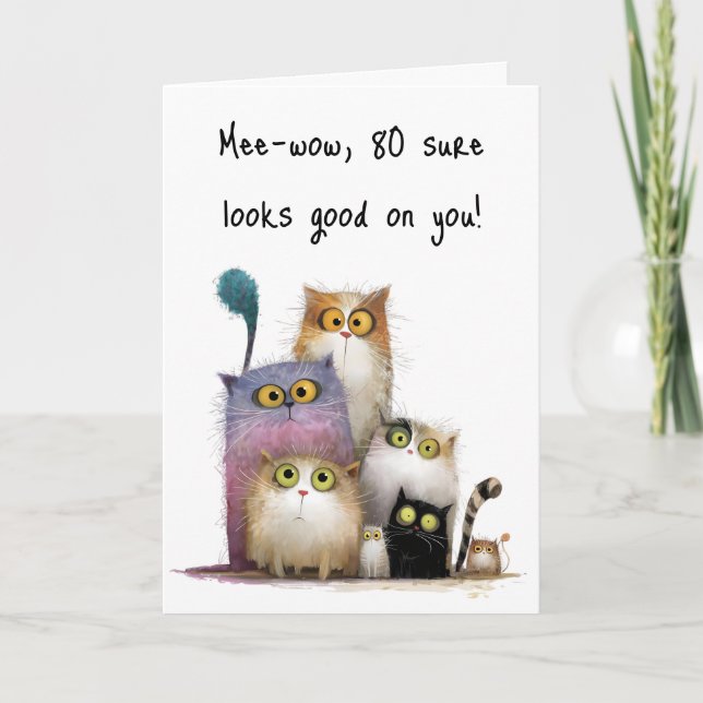 Carte Quaint Cats with Big Eyes 80th Birthday Greeting (Devant)