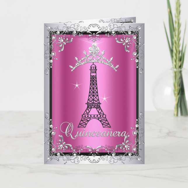 Carte Quinceanera Pink Silver Tiara Tour Eiffel (Devant)