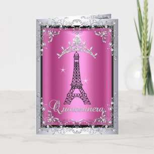 Carte Quinceanera Rose Couronne Argentée Tour Eiff