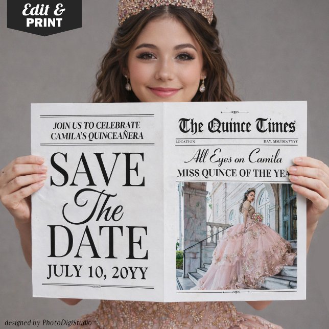 Carte Quinceañera Save the Date Newspaper Photoshoot (Quinceañera Save the Date Newspaper Photoshoot Card)