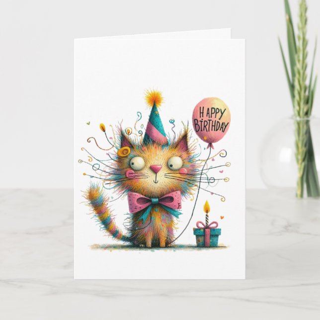 Carte Quirky Orange Cat with Party Hat and Cake Birthday (Devant)