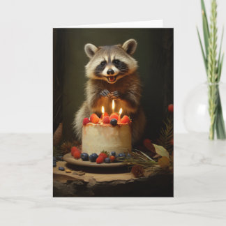 Carte Raccoon avec gâteau d'anniversaire