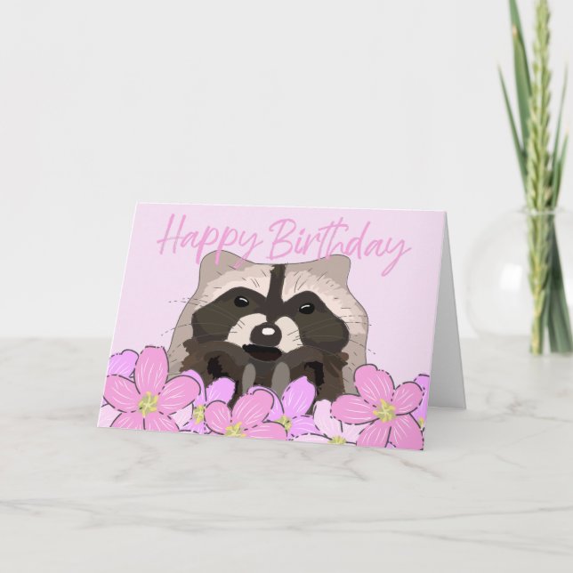 Carte Raccoon dans des fleurs roses jolies Anniversaire  (Devant)