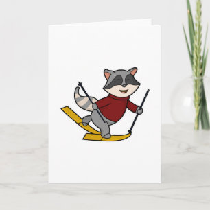 Carte Raccoon en ski avec des pôles de ski et de ski