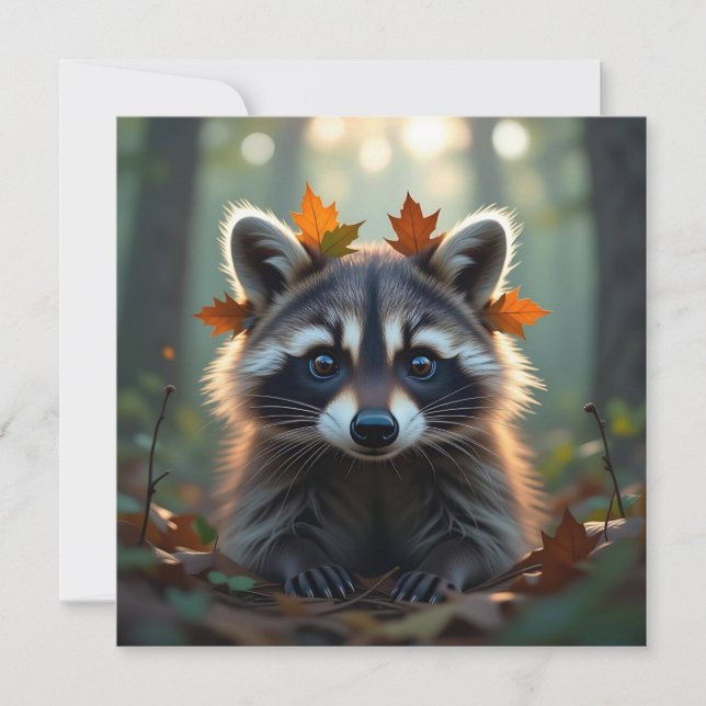 Carte Raccoon mignon dans les feuilles d'automne (Devant)