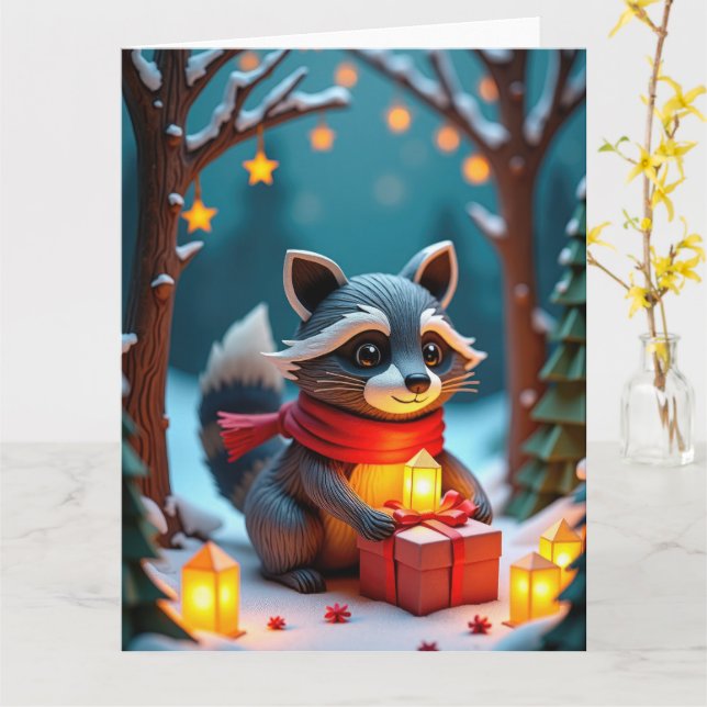 Carte Raccoon Whimsical avec cadeaux Snowy Christmas Scè (Fleur jaune)