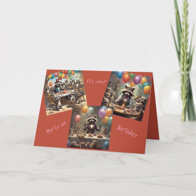 Carte Raccoons Birthday Party-Happy Birthday Card (Devant)