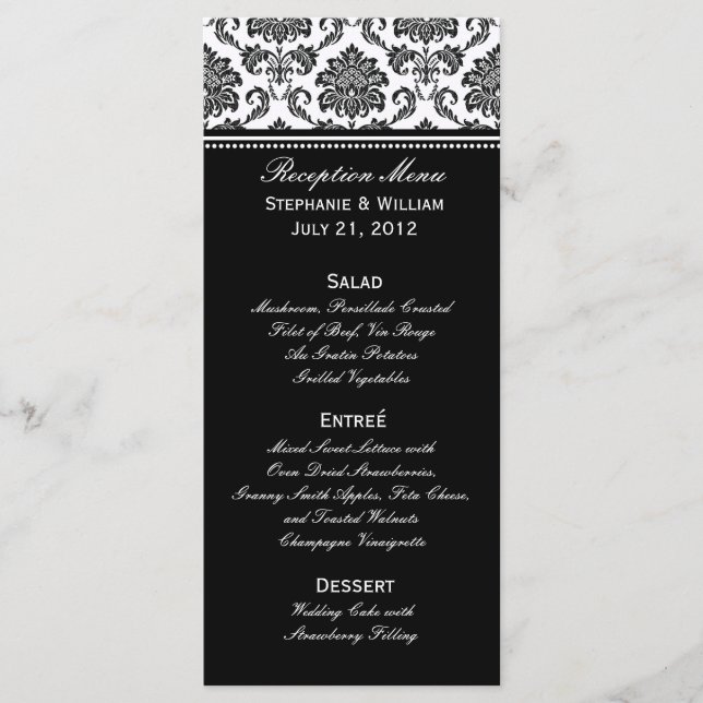 Carte rack de menu Mariage damassé noir et blanc (Devant)