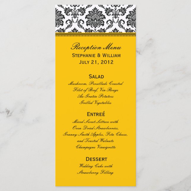 Carte rack de menu Mariage damassé noir et blanc (Devant)