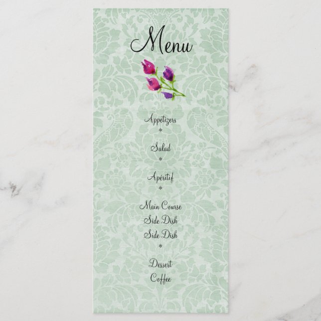 Carte rack de menu Mint Green Mariage damassé 4 po (Devant)