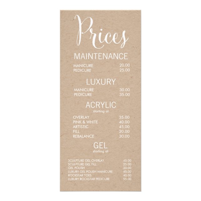 Carte Rack du menu Boutique d'affaires - Tarifs (Devant)