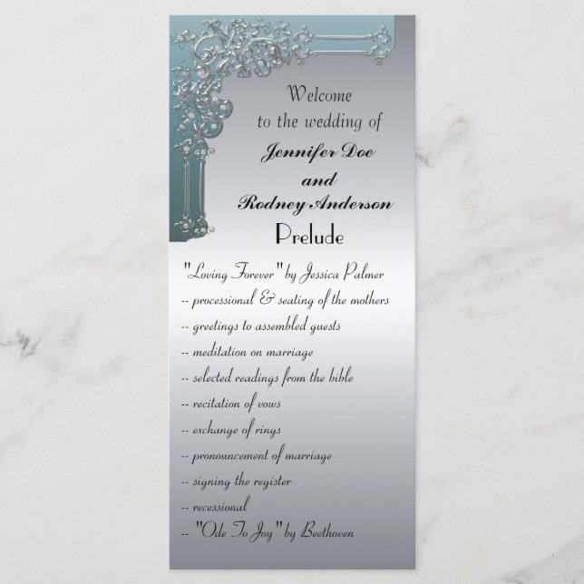 Carte rack du programme de mariage bleu et argent (Devant)