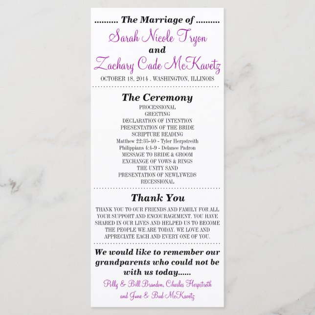 Carte rack du programme de mariage Silhouettes sim (Devant)