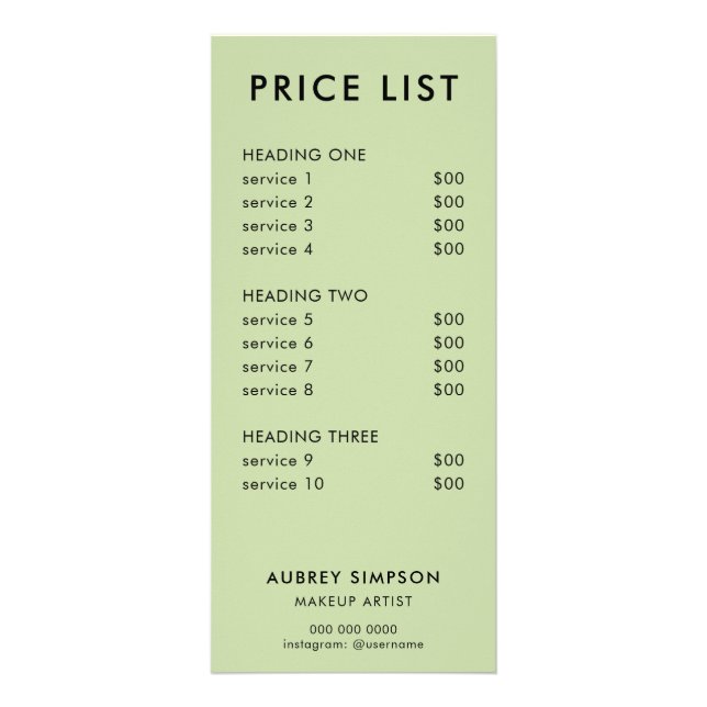 Carte rack Green Minimal Price List (Devant)