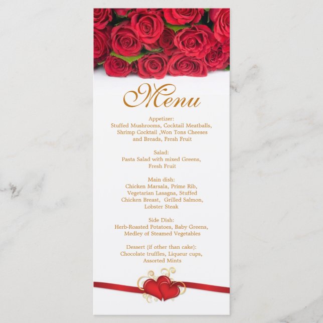 Carte Rack Menu Roses et Coeurs Rouges (Devant)