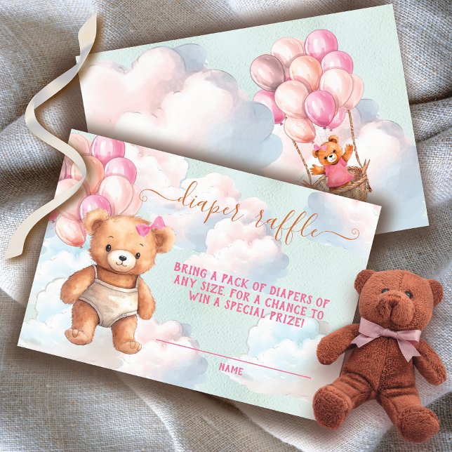 Carte Raffle Teddy Bear Girl Balloon Diaper (Matching books for baby and invitation available!)