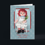 Carte Rag Doll Friend<br><div class="desc">Vintage rag doll with daisy bouquet in slit corner red frame for birthday. Customize card with any name.</div>
