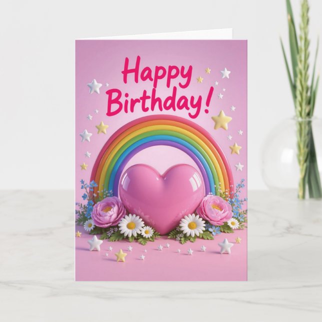 Carte Rainbow and pink love heart birthday (Devant)