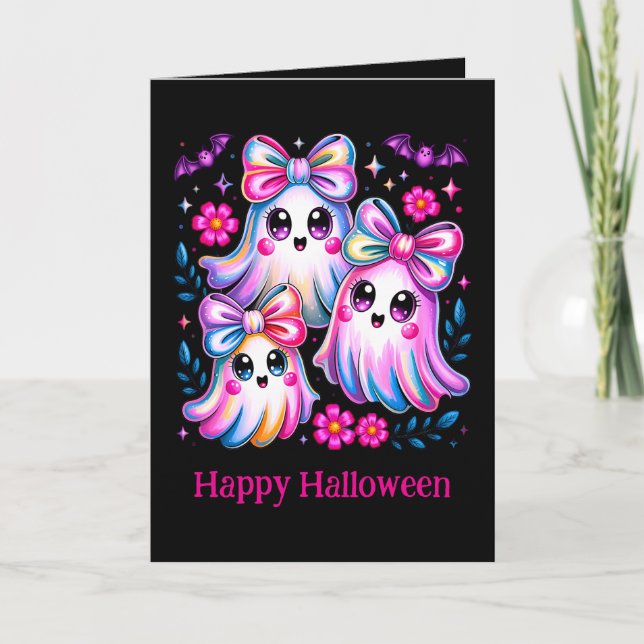 Carte Rainbow Coquette Ghosts Hot Rose Halloween heureux (Devant)
