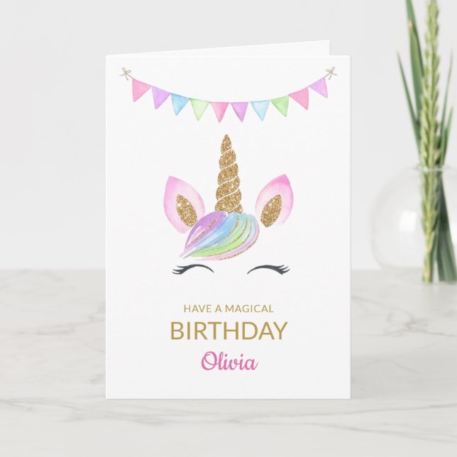 Carte Rainbow Pastel Magique Unicorn Visage Anniversaire (Devant)