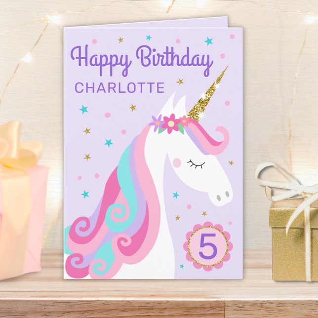 Carte Rainbow Unicorn âge personnalisé violet anniversai (Créateur téléchargé)