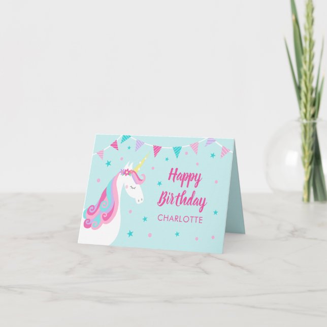 Carte Rainbow Unicorn personnalisé Aqua rose Anniversair (Devant)