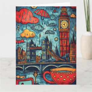 Carte Rainy Day à Londres, Illustration colorée du Doodl