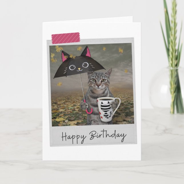 Carte Rainy Day Coffee Tabby Cat Funny Birthday Card (Devant)