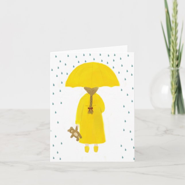 Carte Rainy Day Girl with Teddy Bear Note Card (Devant)