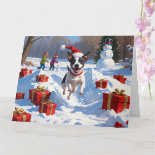 Carte Rat Terrier Courir en neige avec Casquette de Noël