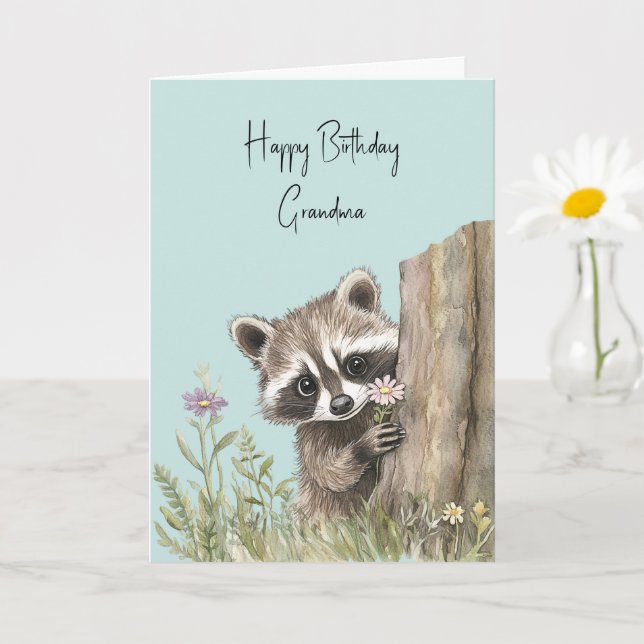 Carte Raton laveur avec fleurs d'anniversaire (Petite plante)