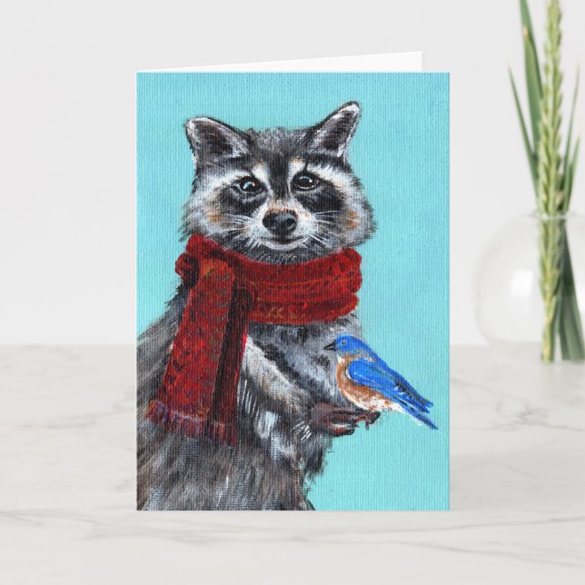 Carte Raton laveur d'hiver avec oiseau bleu (Devant)