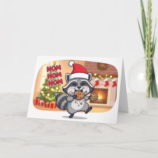 Carte Raton laveur mignon de Noël mangeant des biscuits (Devant)