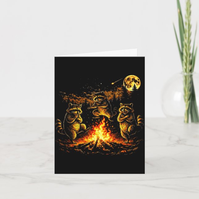 Carte Raton laveurs dansants feu de camp forêt lune drôl (Devant)