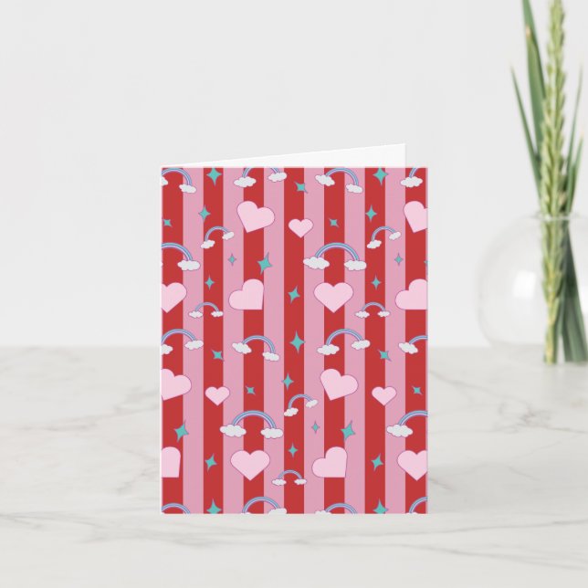 Carte rayée rose et rouge avec arcs-en-ciel et cœu (Devant)