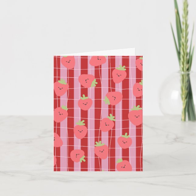 Carte rayée rose et rouge, avec des fraises (Devant)