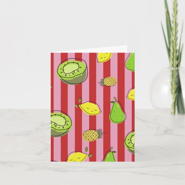 Carte rayée rose et rouge avec motif de fruits (Devant)
