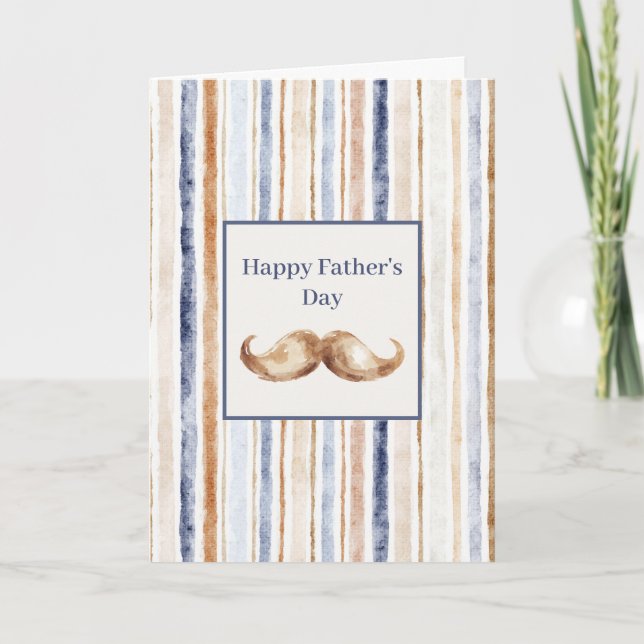 Carte Rayures Bleu Marron Crème Moustache Fête des Pères (Devant)