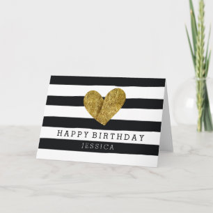Carte Rayures d'aquarelle noire Cœur doré Anniversaire